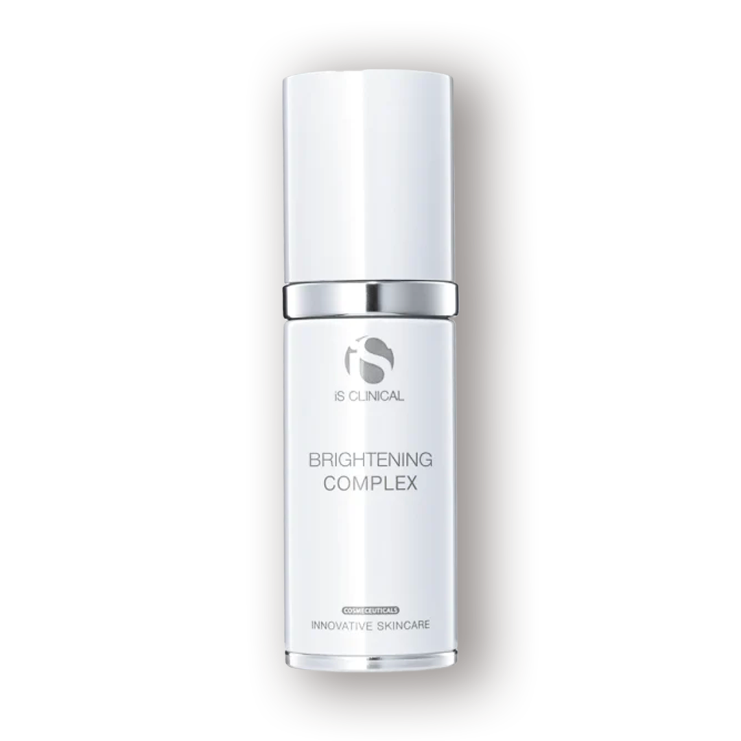 A white pump bottle labeled 'iS Clinical Brightening Complex' with text indicating it's a brightening skincare product.