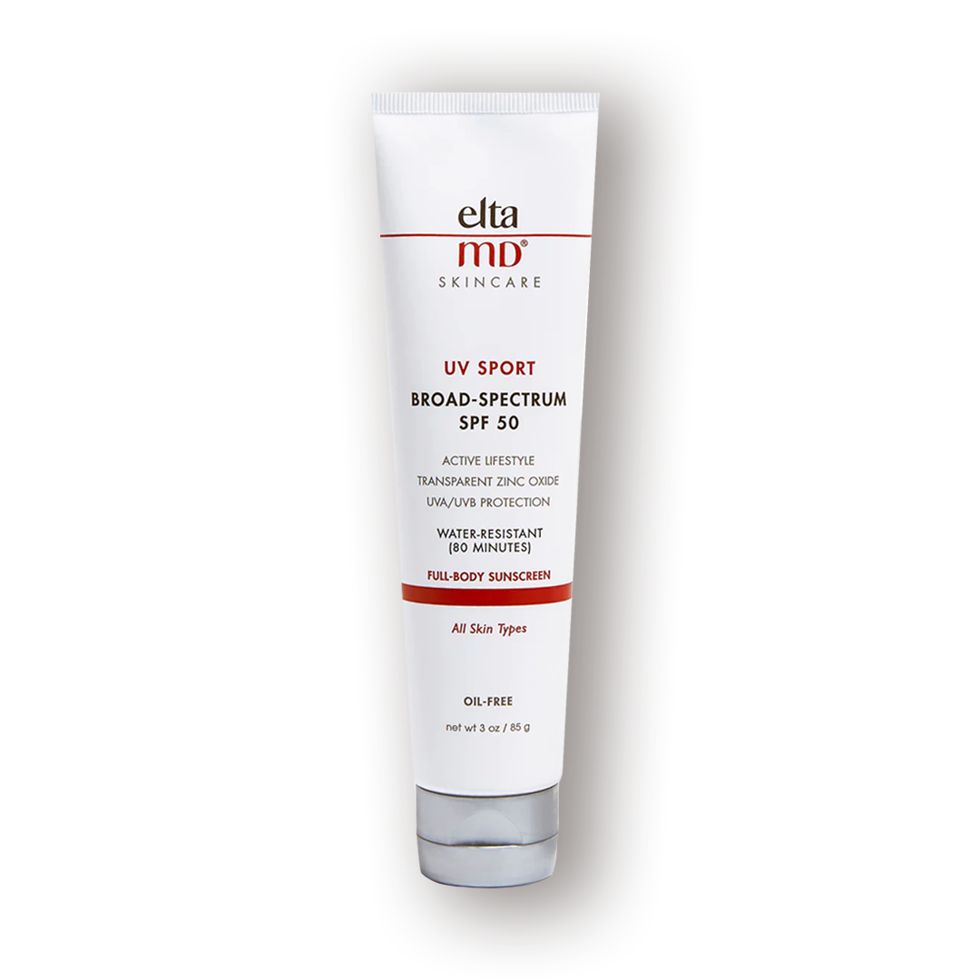 A white tube of EltaMD UV Sport Broad-Spectrum SPF 50 sunscreen