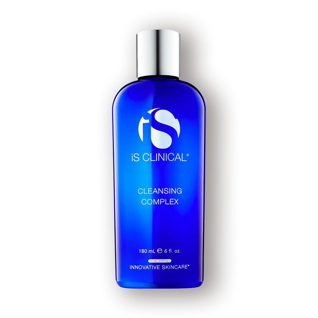 A blue bottle of iS Clinical Cleansing Complex gel cleanser.