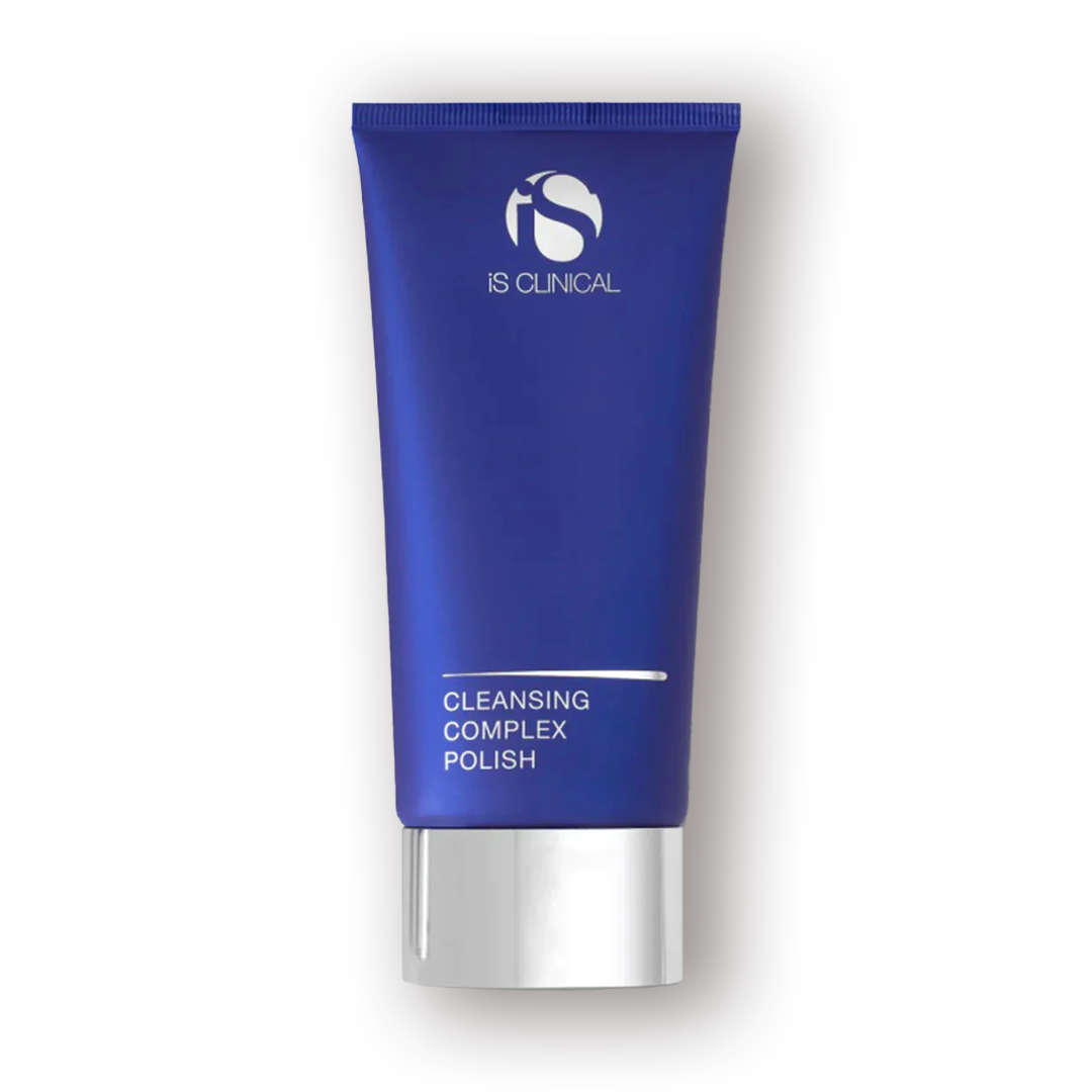 Blue tube of iS Clinical Cleansing Complex Polish with a silver cap at the bottom