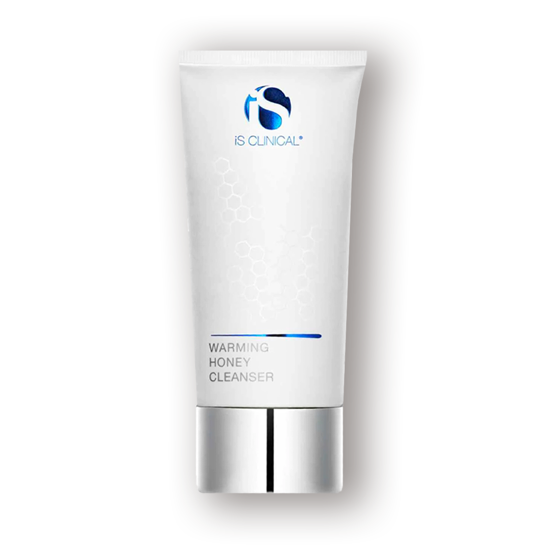 White tube of iS Clinical Warming Honey Cleanser with silver cap at the bottom