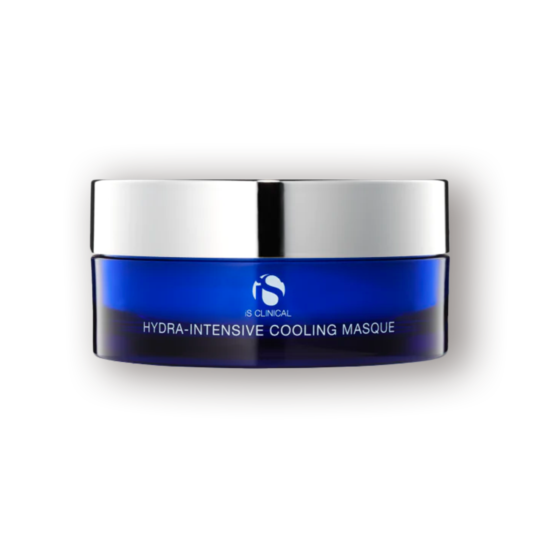 A jar of iS Clinical Hydra-Intensive Cooling Masque with a blue label.