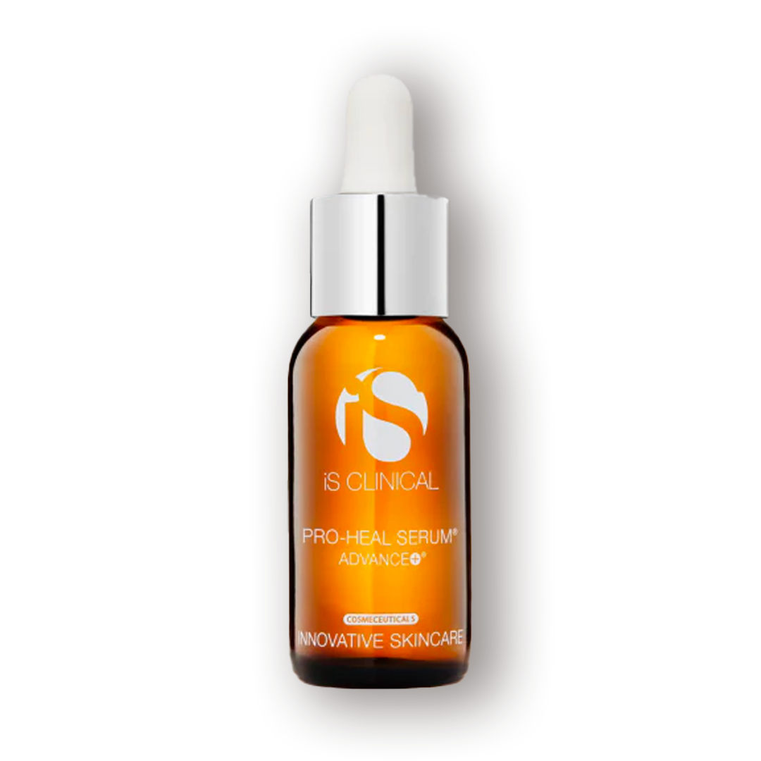 A bottle of iS Clinical Pro-Heal Serum Advance+ with a dropper cap.