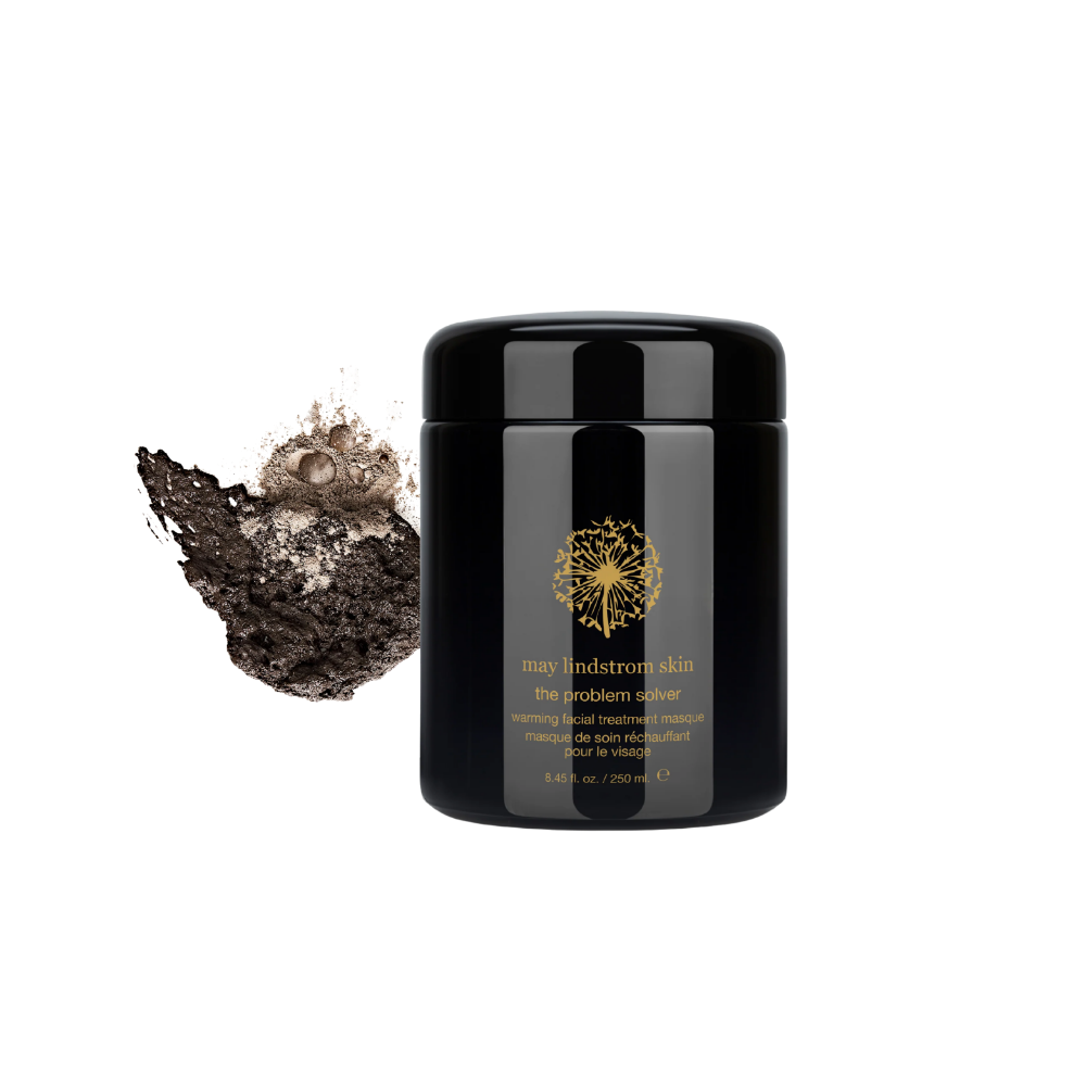 Black jar of May Lindstrom The Problem Solver with texture swatch beside it on the left