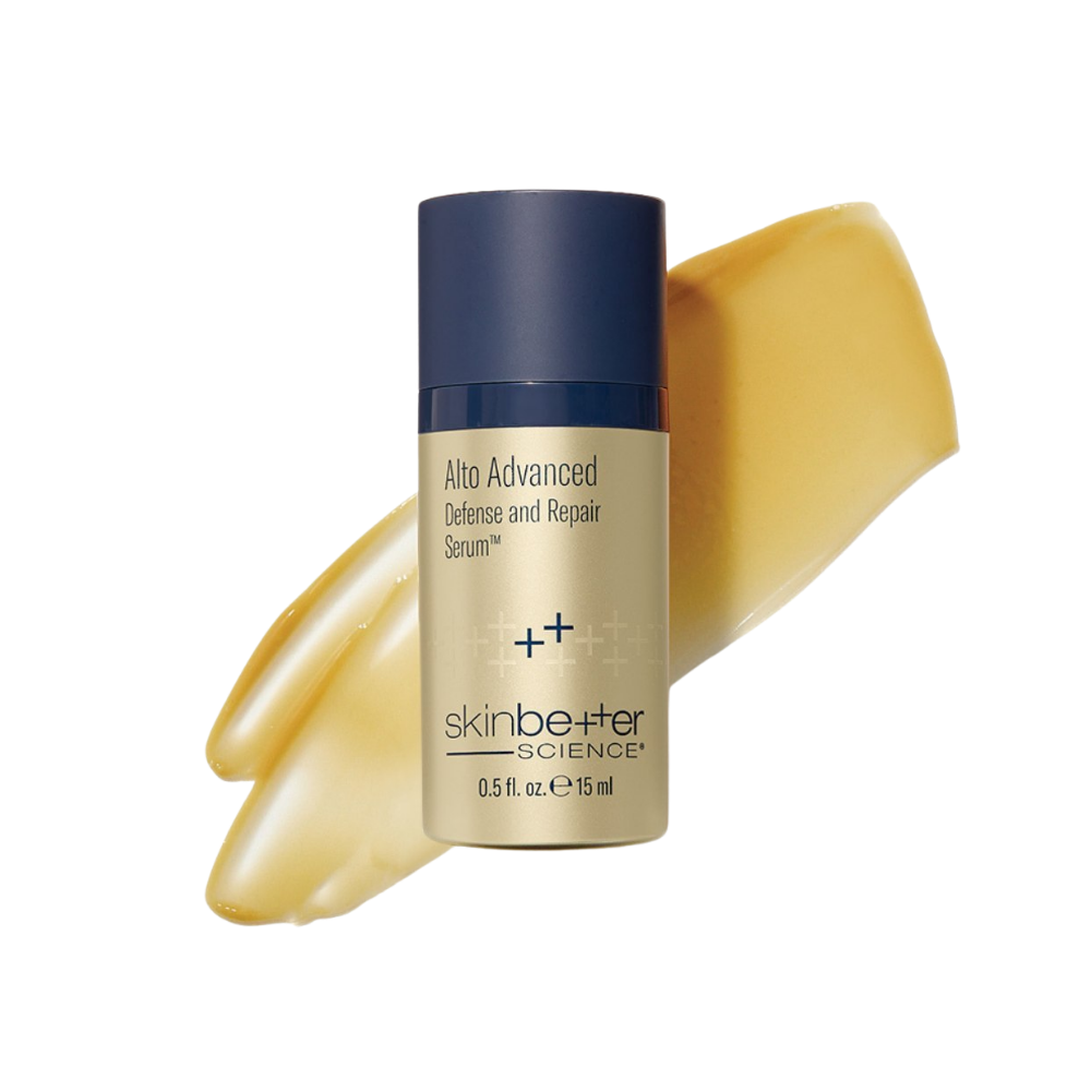 Skinbetter Science Alto Advanced Defence and Repair Serum bottle with a smear of yellow cream behind it