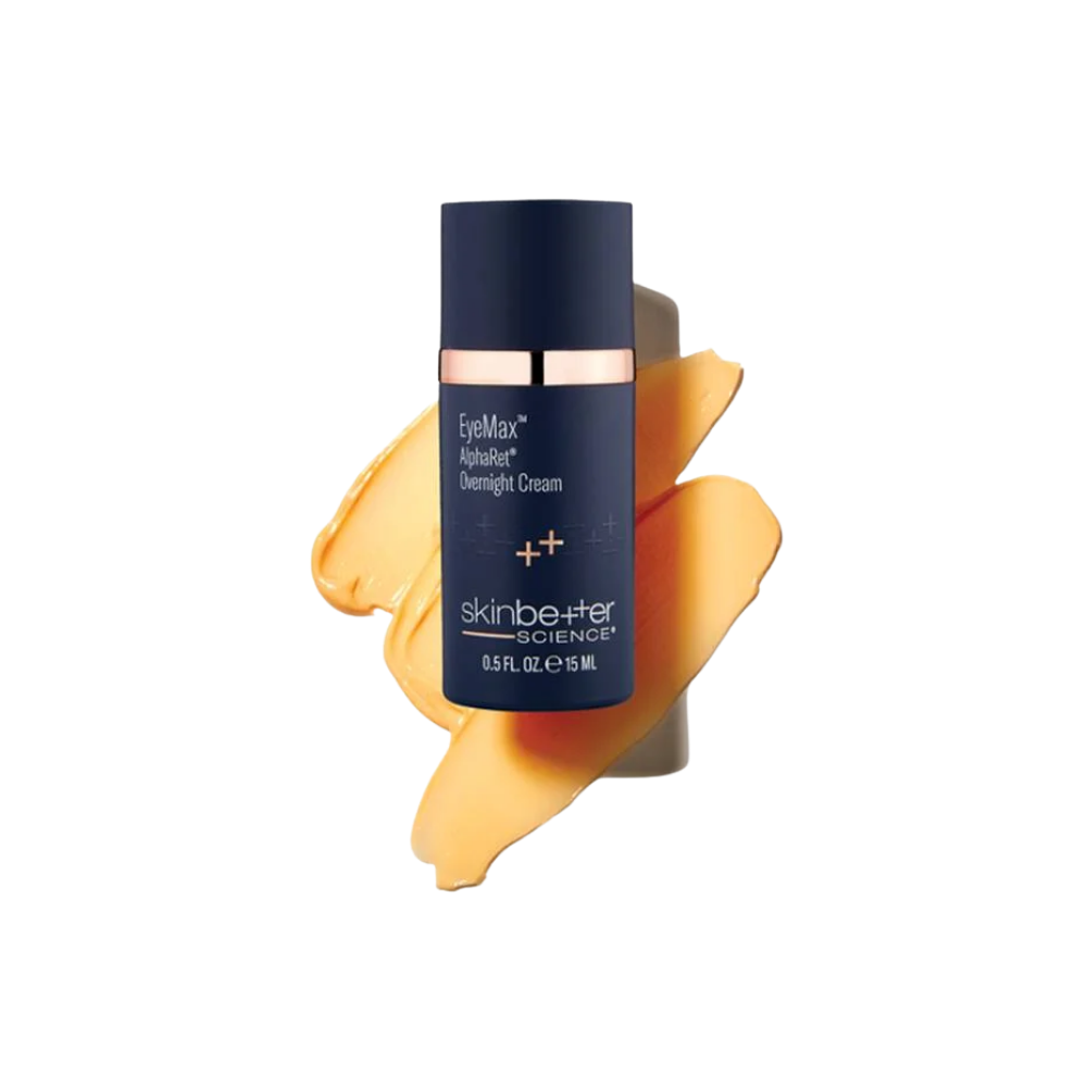 Blue bottle and yellow texture of Skin Better EyeMax AlphaRet Overnight Cream