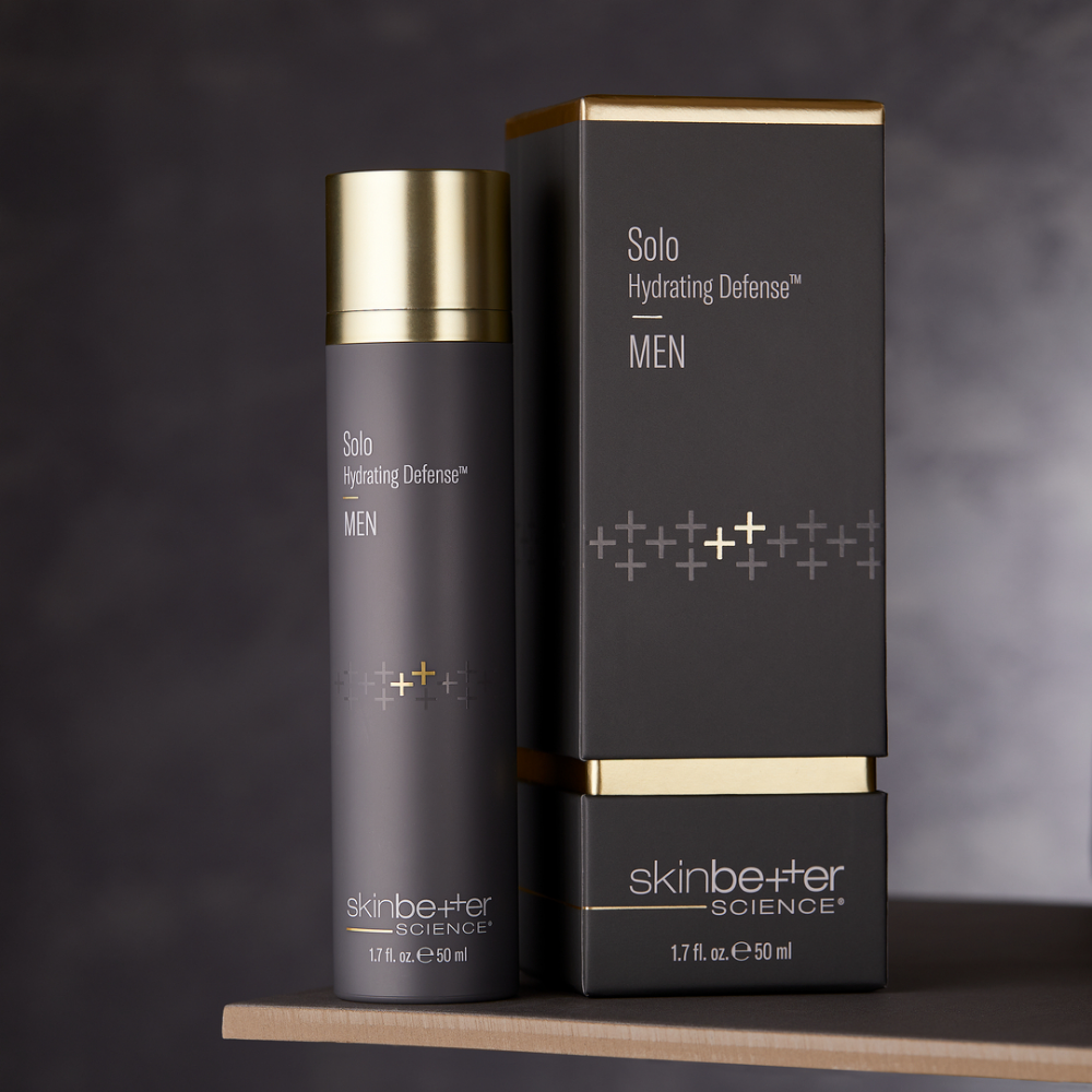 SkinBetter science Solo Hydrating Defense for men bottle and packaging on a dark background