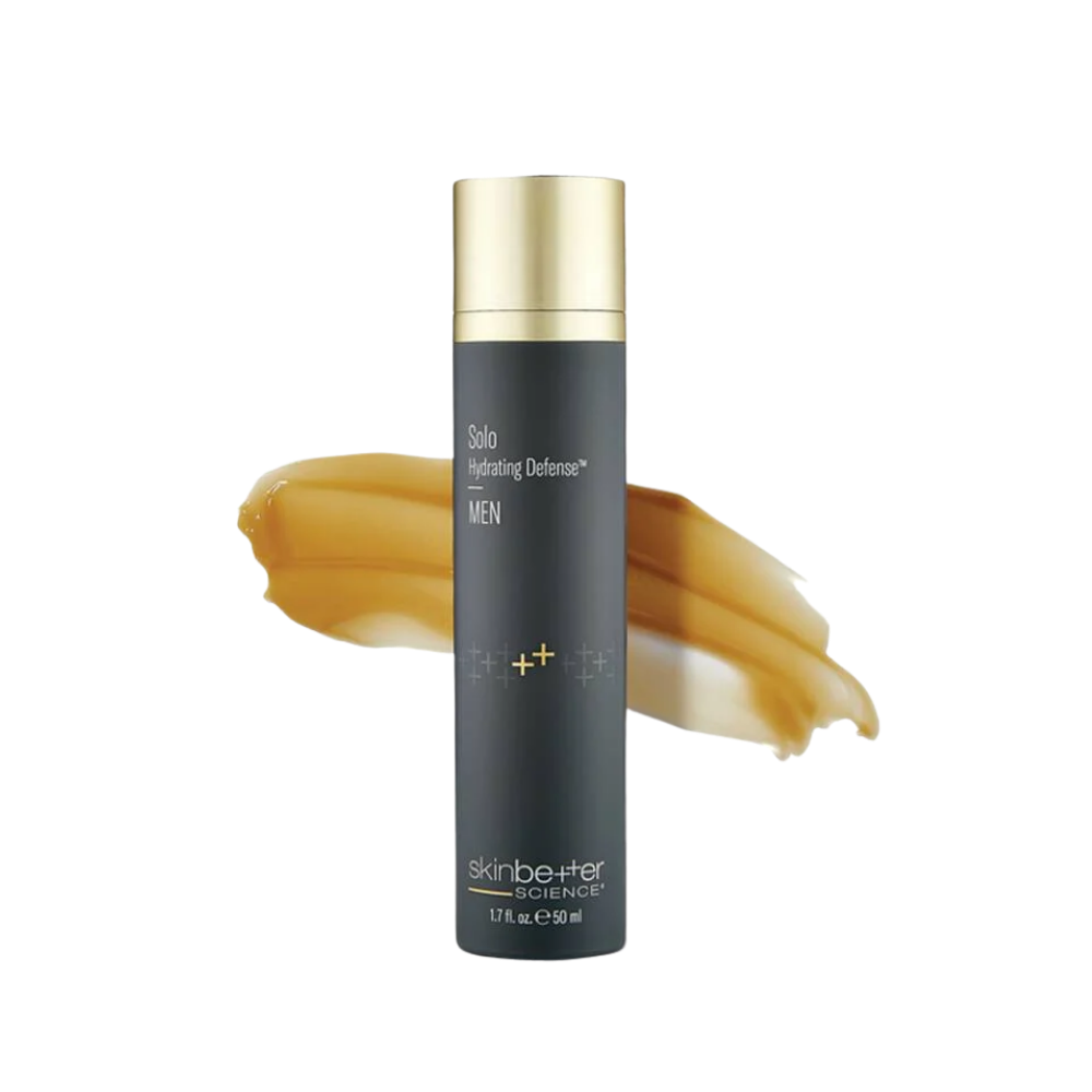 Skin Better Solo Hydrating Defense grey bottle with gold cap with yellow cream texture behind