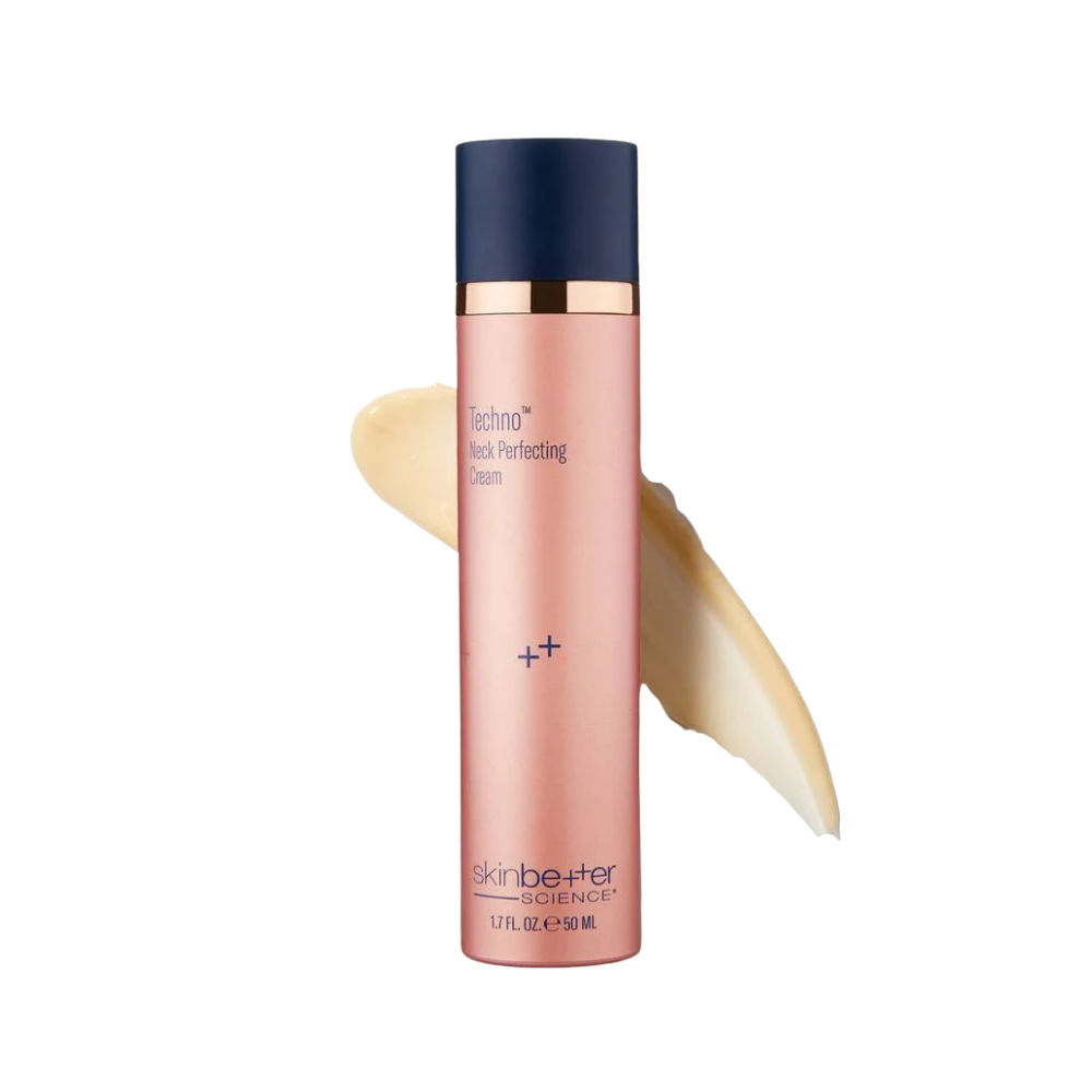 Skin Better Techno Neck Perfecting Cream pink bottle with navy cap with a swatch of cream behind it