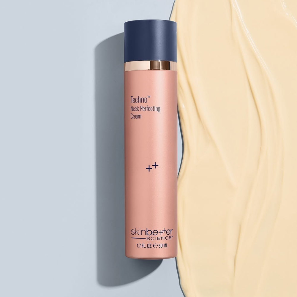 Skincare bottle labeled 'Techno Neck Perfecting Cream' by skinbetter science on a light blue background