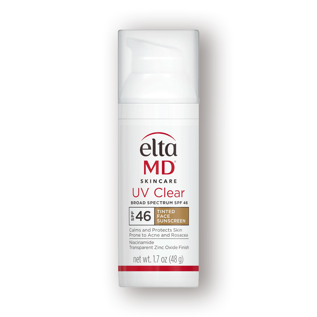 A pump bottle of EltaMD UV Clear Tinted Broad-Spectrum SPF 46 sunscreen