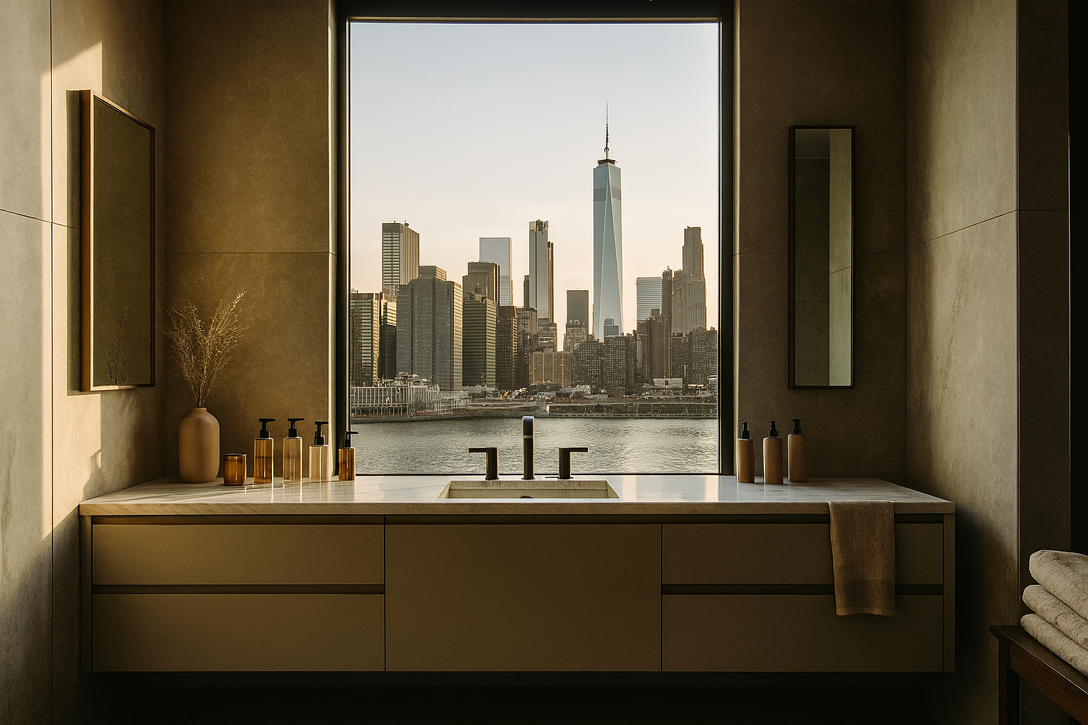 Modern bathroom with a new york city skyline view through a large window.