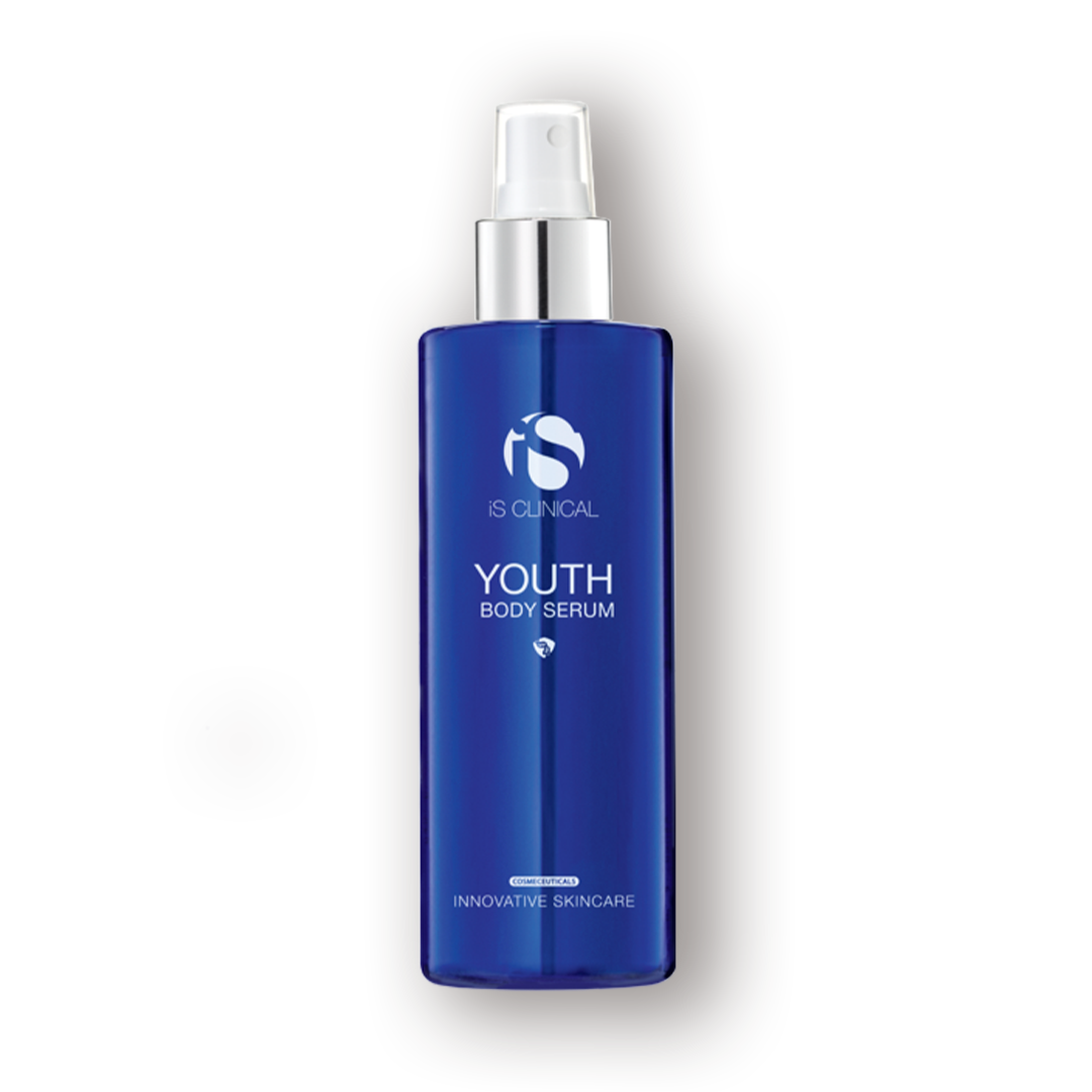 Blue spray bottle of iS Clinical Youth Body Serum with white cap