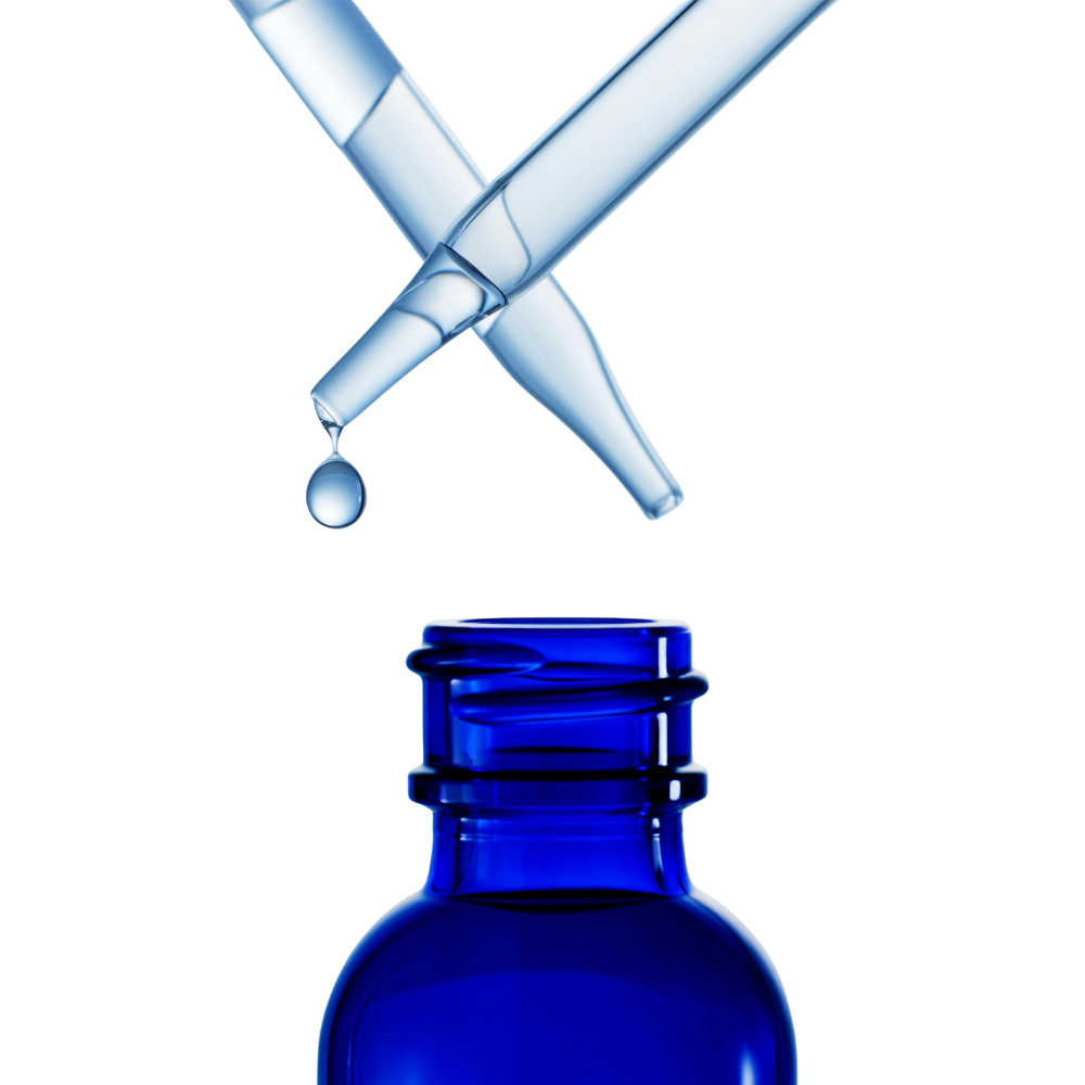 Blue dropper bottle with a droplet of liquid