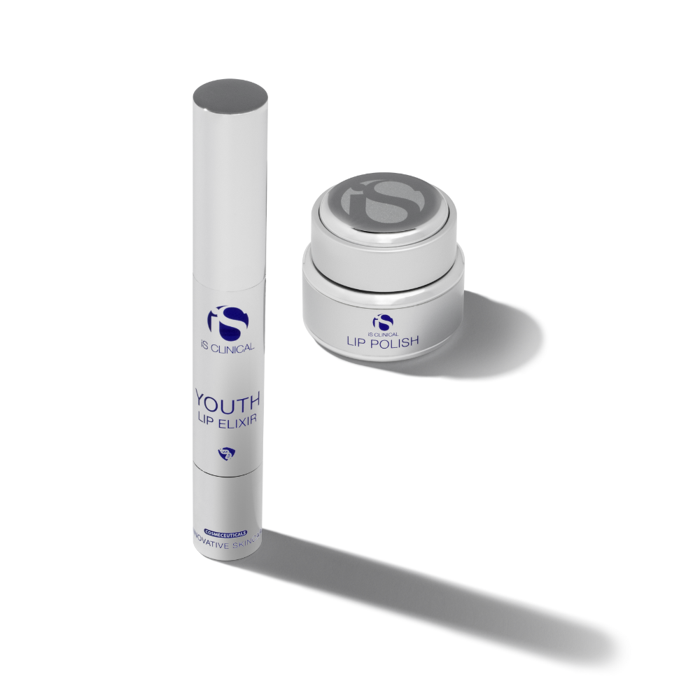 Two skincare products, 'Youth Lip Elixir' and 'Lip Polish' from the iS Clinical Lip Duo