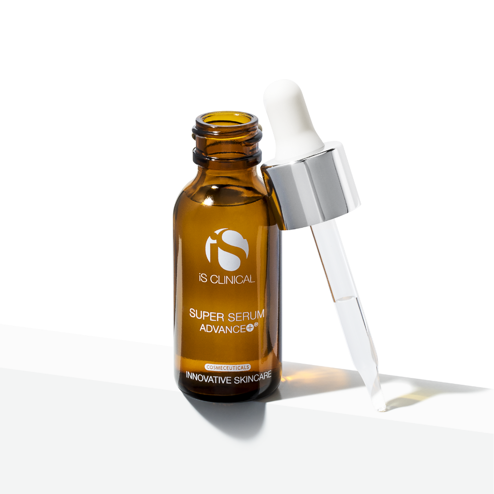 Brown serum bottle with dropper labeled iS Clinical Super Serum Advance+