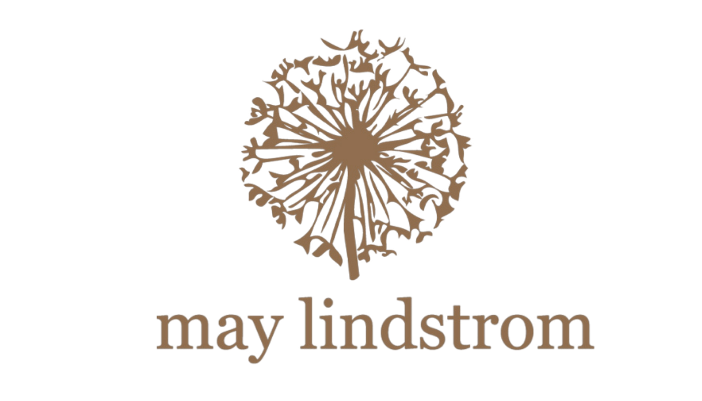 Logo of May Lindstrom with a dandelion design with light brown text