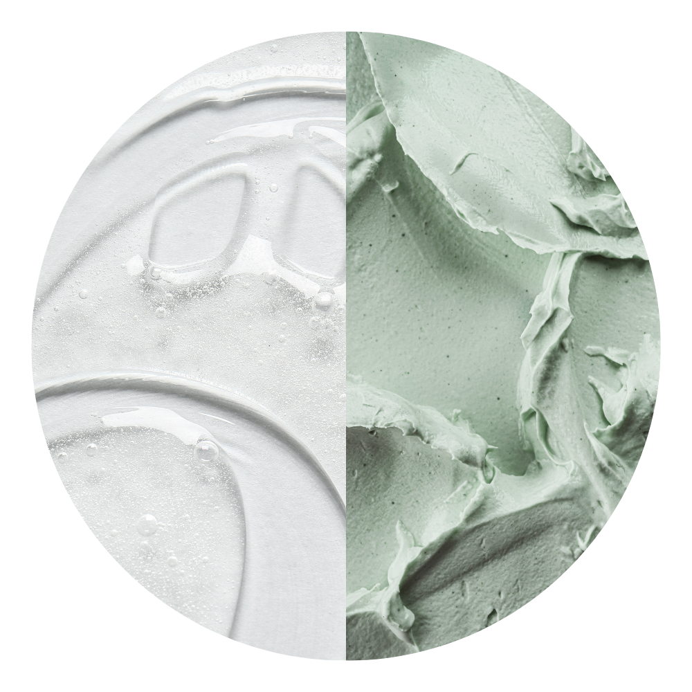 Close up of two textures, on the left is a clear gel, on the right is a green face mask