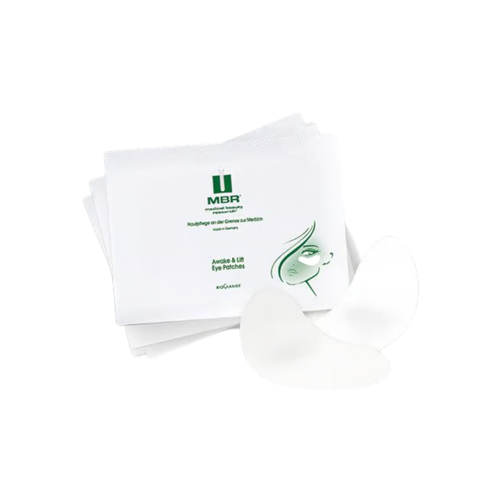 Stack of white eye patch packets packaging of MBR Awake & Lift Eye Patches