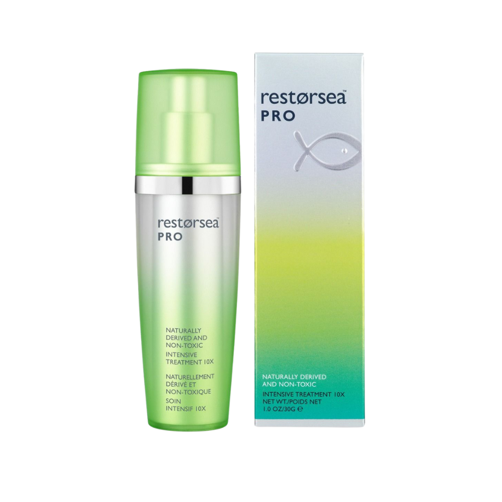 Skincare bottle and packaging of A pump bottle of Restorsea Pro Intensive 10x Serum