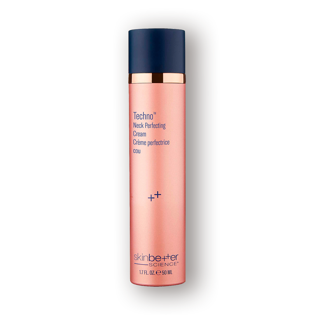 A coral pump bottle with a navy cap of SkinBetter Techno Neck Perfecting Cream