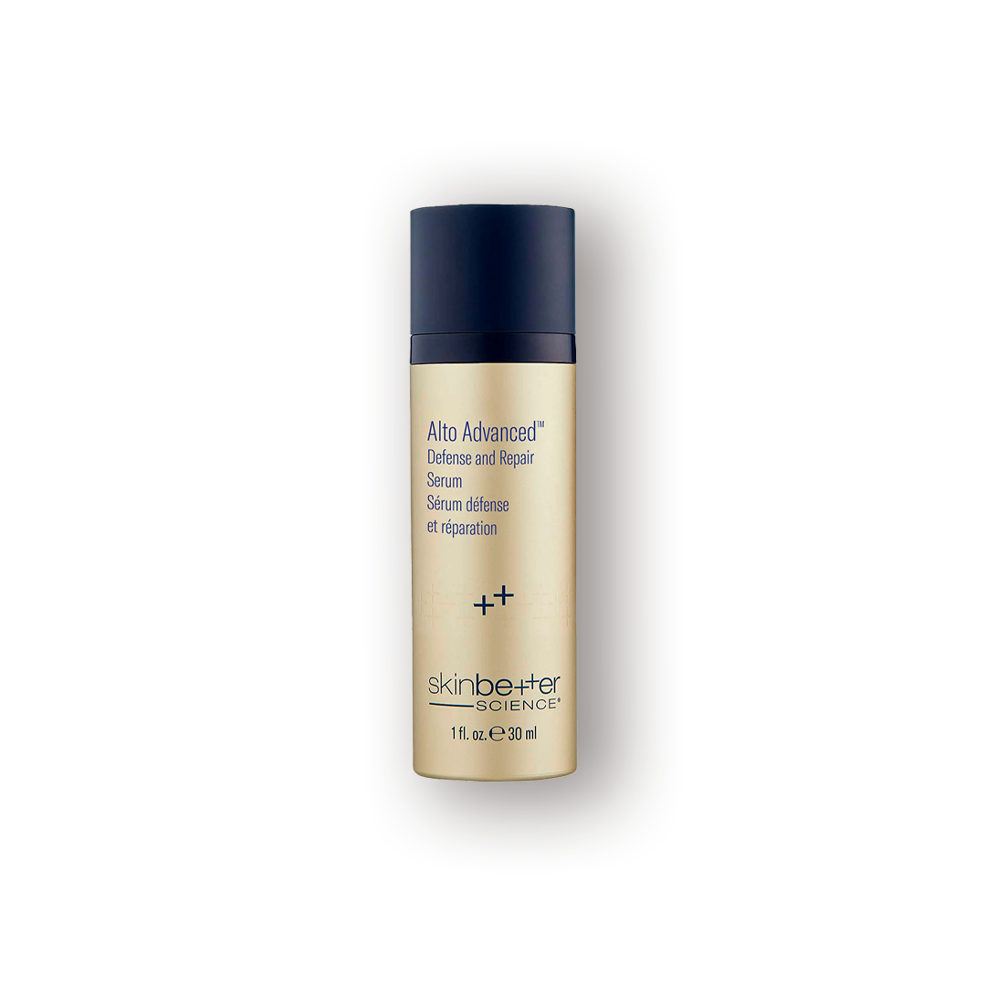 A gold bottle with a navy cap of SkinBetter Alto Advanced Defense and Repair Serum.