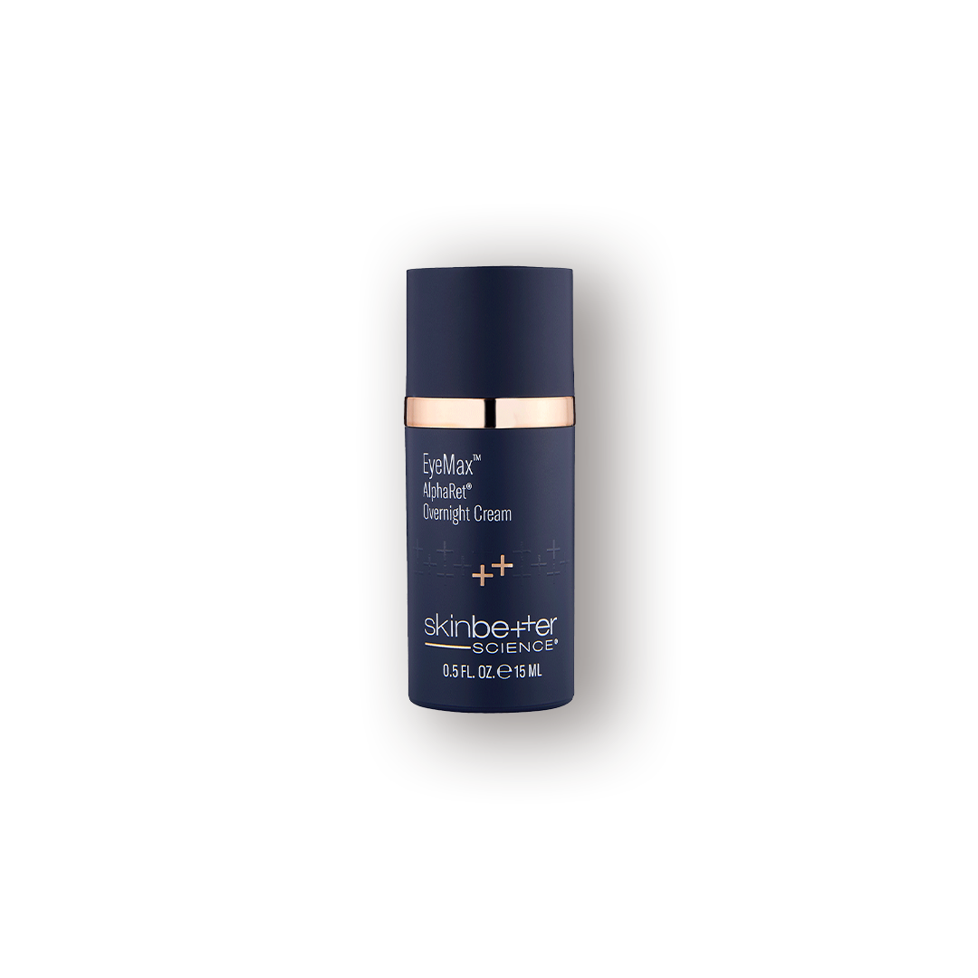 A bkue bottle of SkinBetter EyeMax AlphaRet Overnight Cream