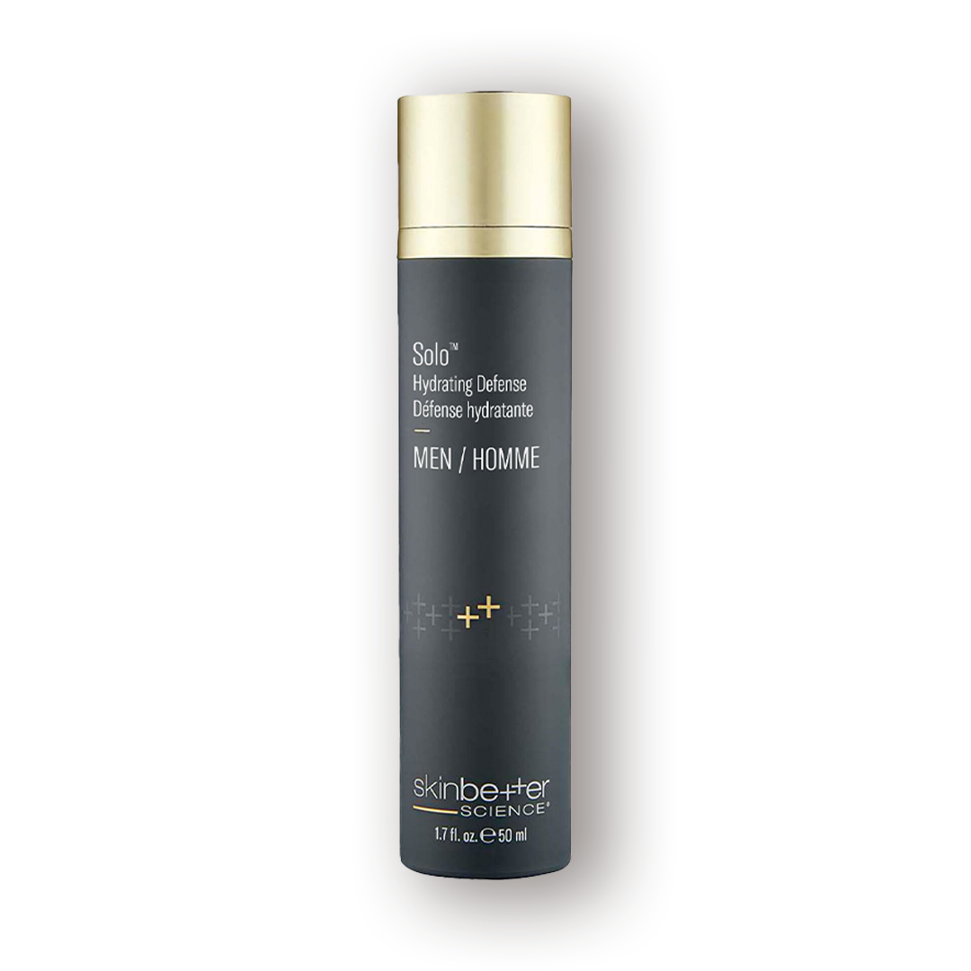 A grey bottle with a gold cap of Skin Better Solo Hydrating Defense, a skin care product