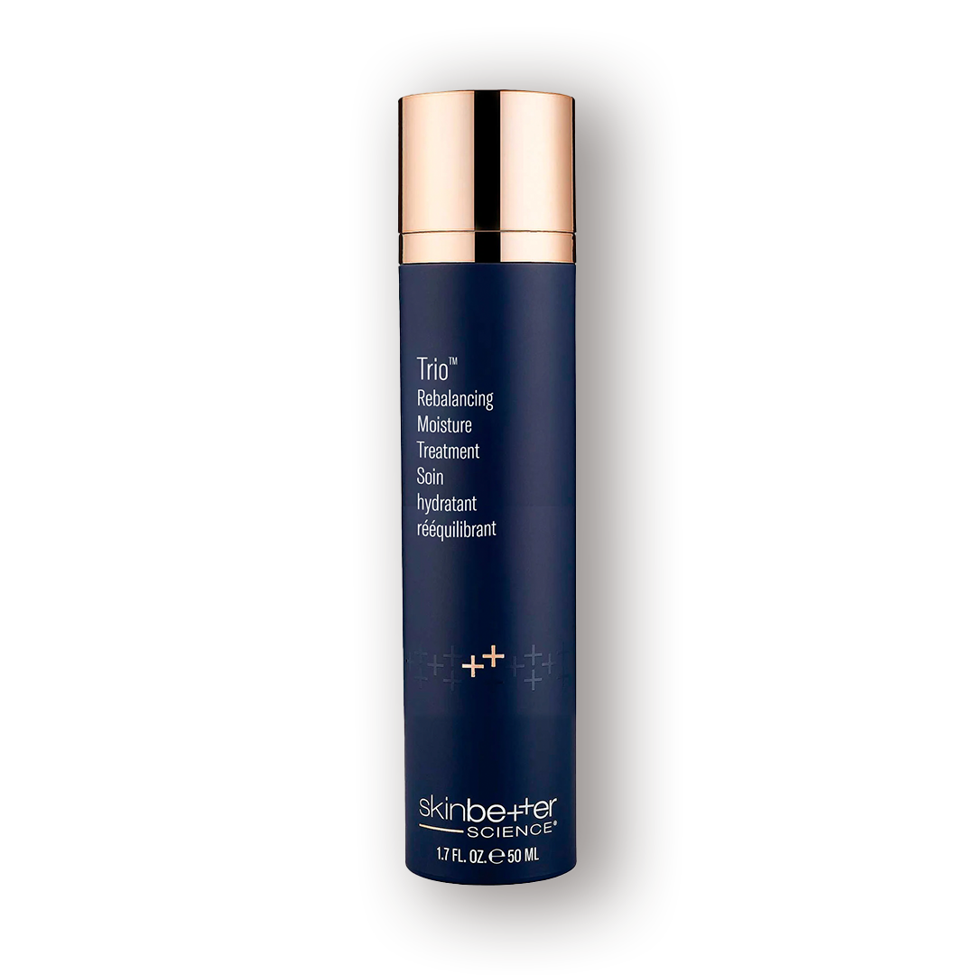 A blue and gold bottle of Skin Better Trio Rebalancing Moisturizer Treatment.