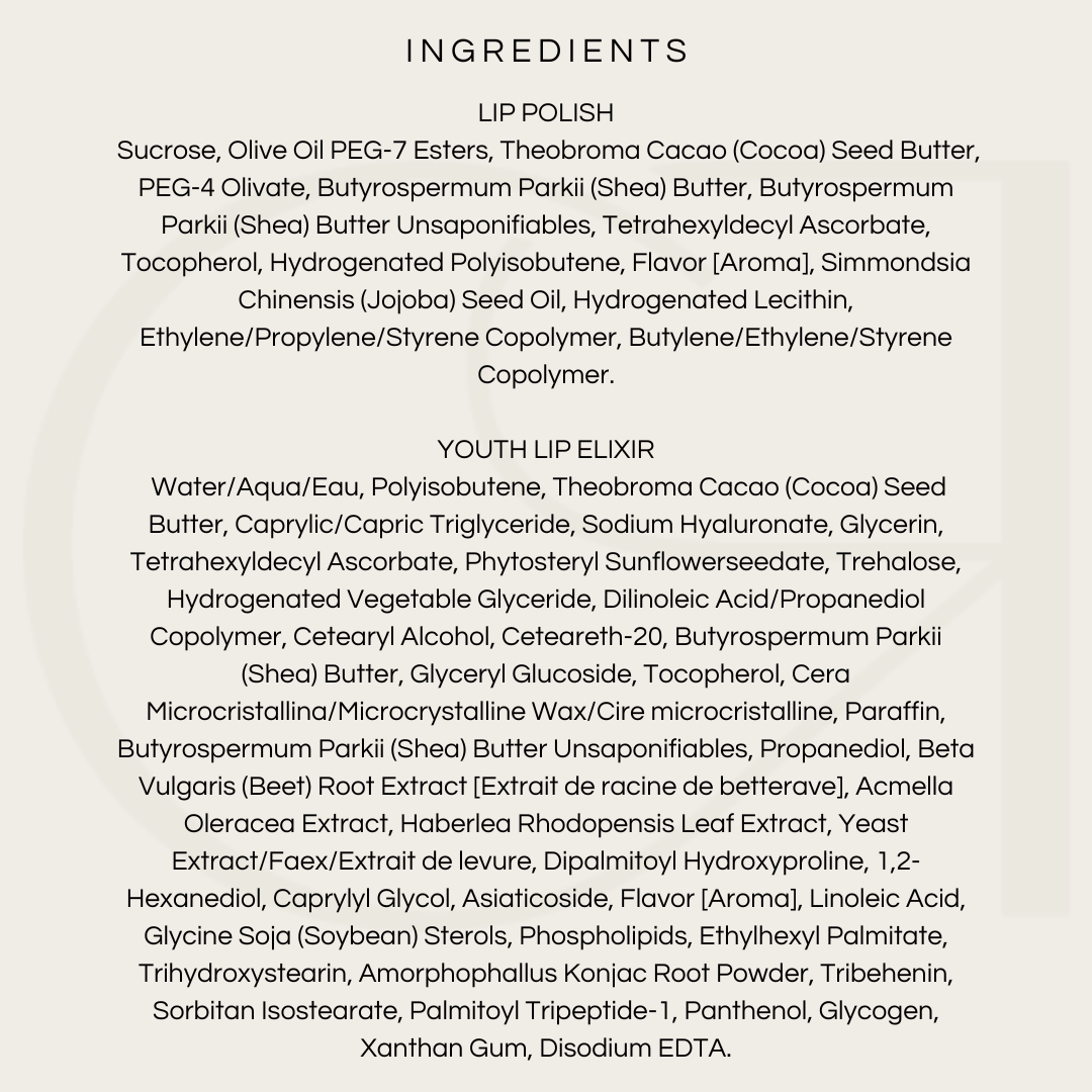 List of ingredients for Lip Polish and Youth Lip Elixir from iS Clinical Lip Duo